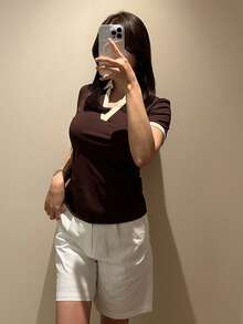 DAZY Contrast Trim Polo Neck Tee - Coffee Brown - View 5