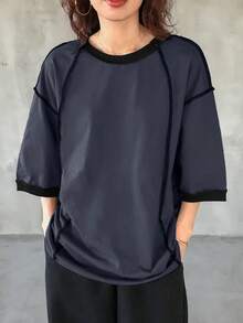 FRIFUL 女士休闲宽松圆领撞色落肩T恤，百搭超大码T恤 - 藍色 - 查看 3