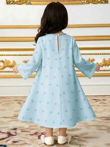 Princess Icy Blue, Sweet & Elegant Fashion Princess Butterfly Print Baby Girl Casual Traditional Arabian Dress, Suitable For Spring/Summer Daily, Festivals, Outings