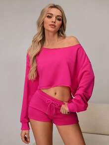 SHEIN 女士纯色不对称肩部长袖家居服上衣 - 粉色 - 查看 5