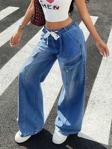 Rivivi Women's Drawstring Waist Cargo Pocket Wide Leg Loose Casual Jeans - Blue - View 3