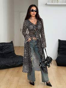 Coolane Women's Fall/All-Season Rave Renaissance Fair Hippie Music Festival Gyaru Mesh Straps Ruffle Ribbon Long Coat - Grey - View 2