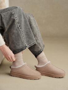 Solecia 女士时尚舒适厚底仿保暖内衬雪地靴，保暖针织边一脚蹬拖鞋，适合室内外穿着 - 杏色 - 查看 4