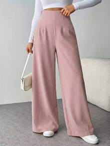 Firerie Pantalones anchos de cintura alta con textura, estilo casual y elegante, adecuados para volver al colegio y para ir al trabajo - Rosa vieja - Ver 4