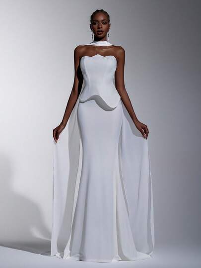 Elitara Elegant Luxury Asymmetric Ruffle Bandeau Corset Waistline Mermaid Hem Dress, Suitable For Various Occasions Such As Wedding Gowns And Formal Dresses For Women