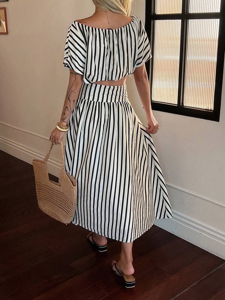 Women's Casual Striped Off-Shoulder Top And Tie-Waist Skirt 2-Piece Set, Spring/Summer