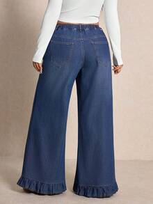 Elaquor 大码女式高腰口袋阔腿宽松休闲百搭牛仔裤 - 深色水洗藍 - 查看 4