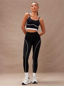 Lumalex 1pc Black & White Contrast Stripe Pattern Cropped Workout Leggings Yoga Women Pants - Black and White - View 1