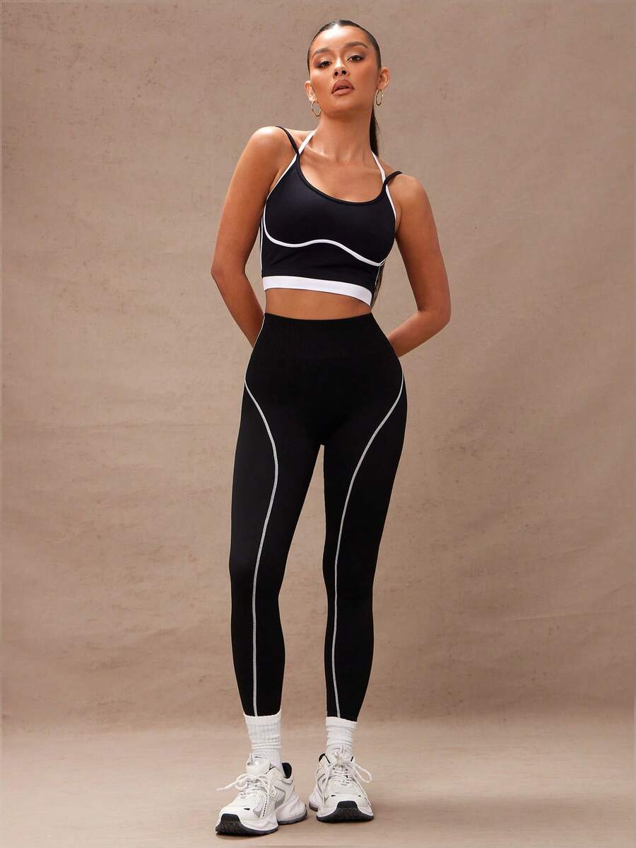 Lumalex 1pc Black & White Contrast Stripe Pattern Cropped Workout Leggings Yoga Women Pants - Black and White - View 1