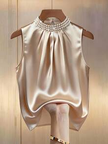Franclia Women's Elegant Champagne Satin Camisole Top,Beaded Collar Blouse,Sleeveless White Gold,Summer,Elegant,Dining Tank Top With Faux Pearl Button Decor - Champagne - View 1