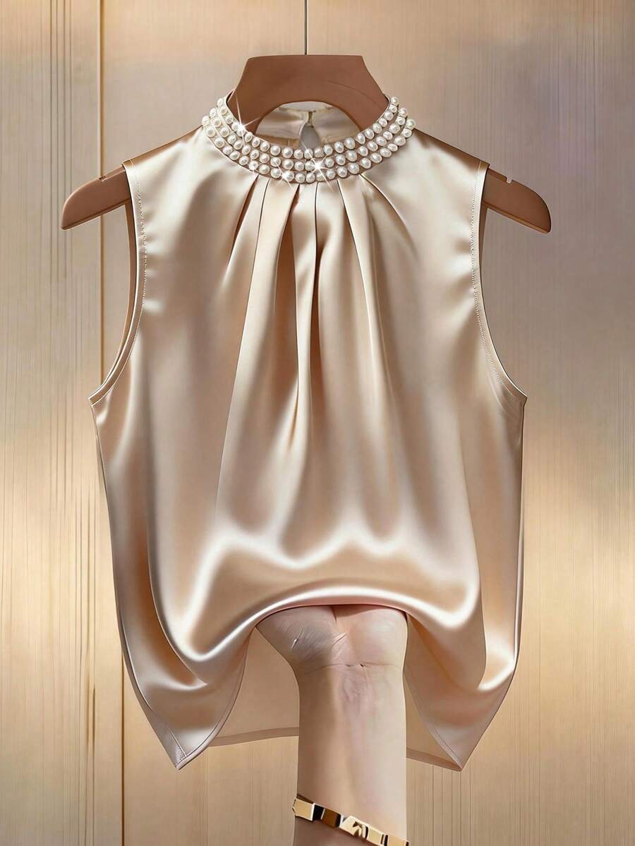 Franclia Women's Elegant Champagne Satin Camisole Top,Beaded Collar Blouse,Sleeveless White Gold,Summer,Elegant,Dining Tank Top With Faux Pearl Button Decor - Champagne - View 1
