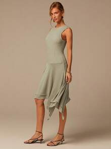 COSMINA Elegant Sage Green Summer Tea Party Dress,Sleeveless Round Neck Double-Layer Asymmetrical Hem Knitted Stretchy Textured Material Vacation Outing - Green - View 2