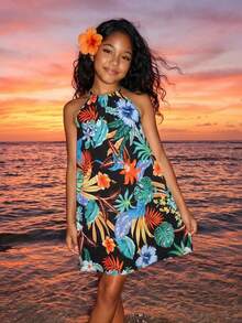 SHEIN Tween Girls' Vacation Casual Chiffon Ditsy Floral Halter Dress - Multicolor - View 3
