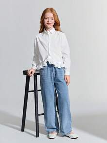 Ontre Blusa casual de manga larga con cuello con volantes para niña preadolescente - Blanco - Ver 5