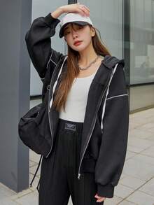 DAZY Áo hoodie giữ nhiệt có dây rút kéo khóa vai ống trễ tương phản, áo dài tay, quần áo mùa thu cho nữ - màu đen - Xem 7