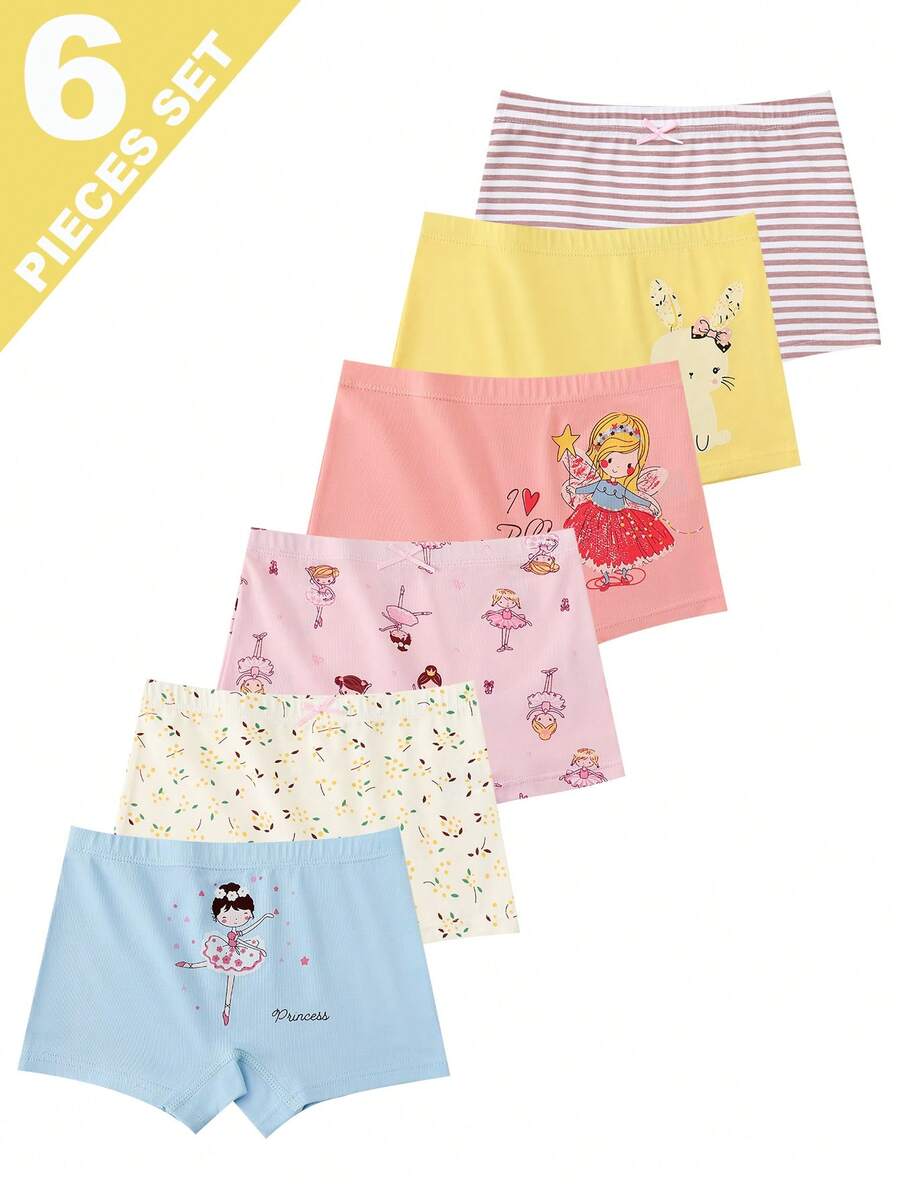 6pcs Girls Cute Rabbit & Fairy Pattern Simple Fashion Briefs Underwear - Multicolor - View 1