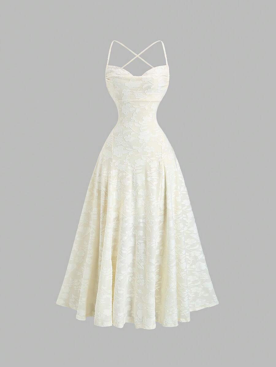 Sweetra Đầm kiểu Bohemian hở lưng, gợi cảm và thanh lịch phong cách Y2K, chất liệu vải có họa tiết, thích hợp cho kỳ nghỉ, đa năng, dáng ôm. - Màu be - Xem 1