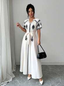 Elenzga Women's Fashion Notched Neck Cutout Waist Belt Retro Print Midi Dress, Summer - Multicolor - View 5