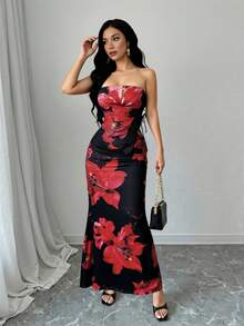 Olithes 女士红色碎花浪漫优雅性感无肩带两件套，包含上衣和半身裙；沙滩度假休闲套装；蝴蝶结抽绳设计，收腰显瘦，不规则下摆；露肩套装；生日装；情人节约会套装；派对套装；鱼尾裙两件套 - 黑色 - 查看 5