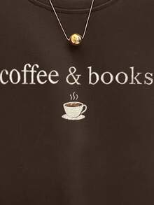 Resyla Fashionable Casual Round Neck Coffee & Books Embroidered Women Short Long Sleeve T-Shirt - Rust Brown - View 5