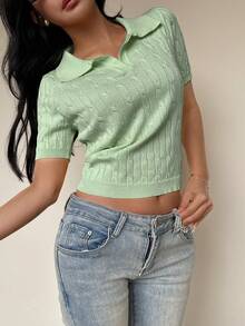 SHEIN Unity Blusa casual de punto con cuello polo de manga corta y trenzado - Verde - Ver 4