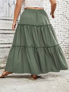 SHEIN CURVE+ 大码休闲纯色半身裙，波西米亚度假风 - 軍綠色 - 查看 2