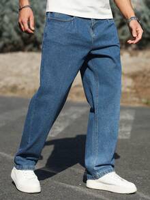 Manfinity Homme Men's Straight Loose Casual Versatile Jeans With Pockets - Blue - View 4