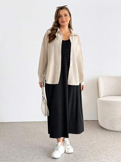 Shapeblank Plus-Size Women's Spring/Summer Fashion Casual Loose Comfortable Everyday Basic Versatile Slimming Apricot Button Long-Sleeved Shirt And Black Waist-Cinching Suspender Long Dress Two Pieces Set,Spring Outfits,Simple Style,Airport Outfits