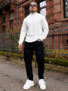 Artur Kramer Men's Fashionable Versatile Solid Color Slim Fit Turtleneck Long Sleeve T-Shirt, Suitable For Spring And Autumn Daily Commute - White - View 5