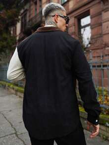 Artur Kramer Jaket Shacket Pria Bahan Corduroy dengan Panel Warna Kontras dan Kerah, Gaya Kasual untuk Pemakaian Sehari-hari, Musim Gugur - Hitam - View 2