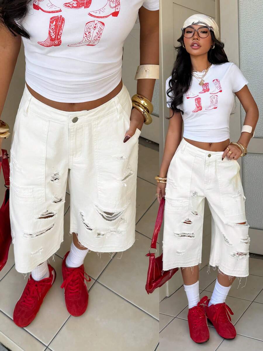 StreetHx 时尚休闲街头风做旧口袋低腰七分牛仔裤 - 白色 - 查看 1