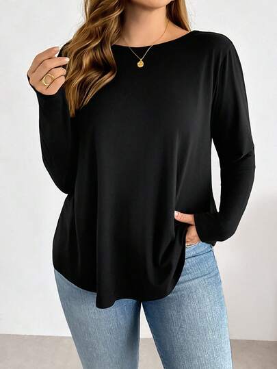 SHEIN Essnce Camiseta básica de manga larga, negra, sin espalda, holgada, cómoda y versátil para uso diario, de estilo sencillo, para mujeres de talla grande, para primavera/verano