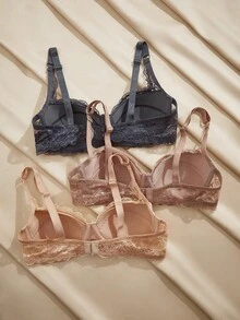 Charlaine 3pcs Cleavage Enhancing 3/4 Cup Underwire Lace Patchwork Romantic French Comfy Balconette Bras For Women - Multicolor - View 2