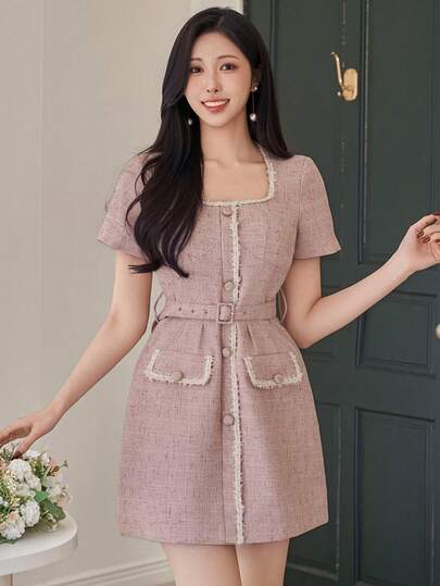 DAZY 女士优雅撞色拼接仿口袋系带夏季迷你连衣裙婚礼宾客礼服