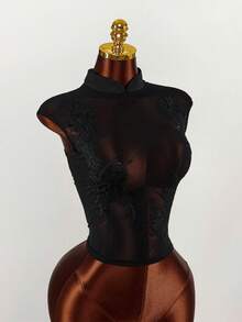 Amplova Women's Sheer Mesh Floral Blouse, Sexy Backless Design, Stand Collar, Revealing, Sensual - Black - View 7