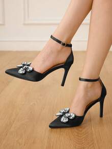 CUCCOO HITCHD Zapatos de tacón alto elegantes y de moda para fiesta con decoración de lazo de strass para mujer - Negro - Ver 2