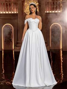 Glamrae Elegant French Romantic Embroidered Off-Shoulder A-Line Formal Dress, Suitable For Wedding, Banquet, And Formal Occasions - White - View 8