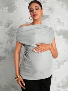 MaterniChic Maternity Summer Grey Blouse With Asymmetrical Shoulder Design, Romantic And Comfortable For Dates - Grey - View 10