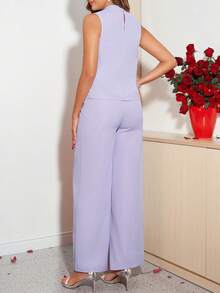 Amorya Áo không tay cổ tròn phối với quần ống rộng dáng suông dành cho nữ, trang phục thanh lịch hàng ngày, thích hợp cho đầu xuân. - Màu tím hoa cà - Xem 2