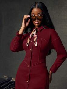 NYA SZN 连衣裙 牛仔中长款 橙紫色 休闲 商务 叠穿 舒适 端庄 优雅 街头风 纽扣前襟 秋冬 圣诞节 节日 音乐会 日常 西式 辣妹风 女装 - 酒紅色 - 查看 1