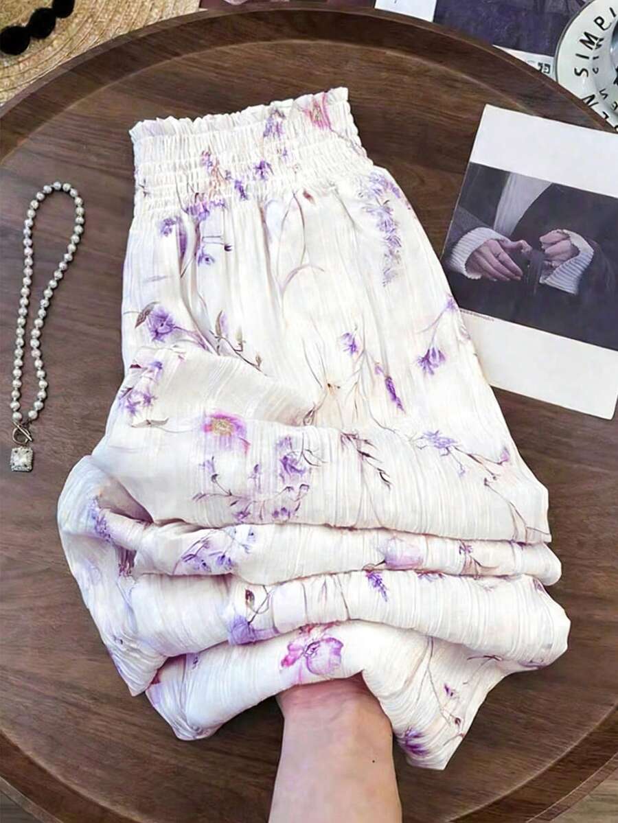 DreamSkyne Plus Size French Style Ditsy Floral Casual Versatile Women Pants - White - View 1