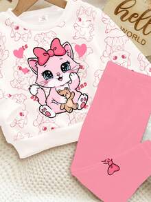 SHEIN 2件套女婴休闲可爱卡通蝴蝶结、猫咪、小熊和爱心印花柔软圆领长袖卫衣和打底裤套装，适合春秋季日常穿着 - 彩色 - 查看 6