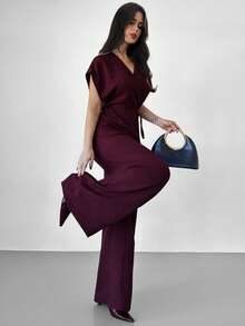 Firerie Modern Minimalist Design Burgundy 2-Piece Set: Overlapping V-Neck Tie-Waist Asymmetric Hem Blouse And Wide-Leg Pants, Made Of Soft, Skin-Friendly Fabric, Elegant And Versatile Office/Casual Wear, Suitable For Family Gatherings, Fashion Events, Spring/Summer Vacation, Day To Night, And Everyday Casual Occasions - Burgundy - View 9