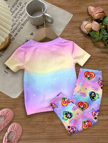 SHEIN 2件套 女童时尚韩流女团卡通人物、字母和星星印花扎染短袖上衣和裤子睡衣套装 - 彩色 - 查看 3