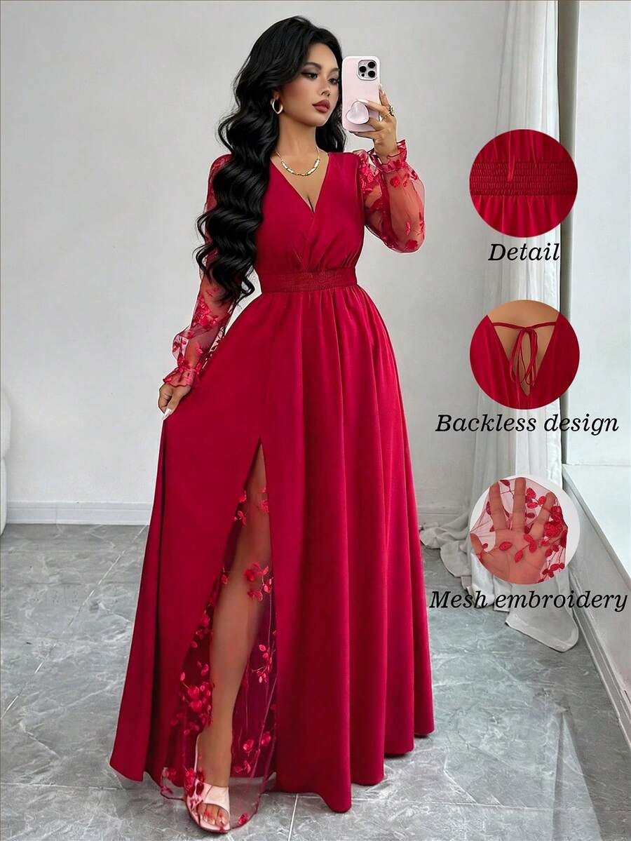 Elenzga Women's Elegant Deep V-Neck Lace Patchwork Long Sleeve High Slit Dress, Suitable For Graduation, Holidays, Valentine's Day, Music Festivals, Mother's Day, Thanksgiving, Easter, National Day, Balls, Dates, Parties, Weddings, Outdoor Activities, Spring/Summer - Red - View 1