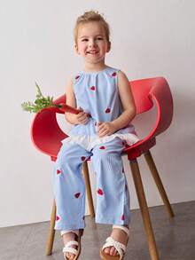 Maija Kids Bộ đồ thường ngày cho bé gái, gồm áo tank top và quần dài kẻ sọc xanh trắng thêu hình dâu tây. - Xanh và trắng - Xem 6