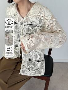 FRIFUL Solid Color Lapel Sheer Lace Fabric Layered Loose Casual Versatile Blouse - White - View 7