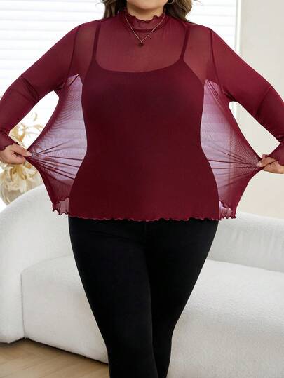 SHEIN CURVE+ Valentine's Day Plus Size Women Casual Sheer Mesh Ruffle Trim Stand Collar Long Sleeve T-Shirt Plus Size Sheer Top Plus Size Black Tops 8xl Women Clothes Curve Plus Tops Women Curve Plus Clothingfall Clothes For Women,Winter,CURVE PLUS/Autumn /Winter Plus Size Red Tops