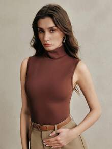 Anewsta 女士棕色高领无袖收腰舒适百搭休闲短款时尚上衣，适合春、夏、秋、冬四季穿着。 - 棕色 - 查看 7