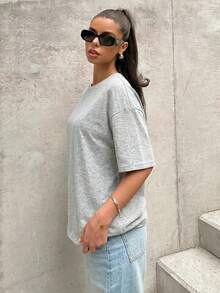 SHEIN EZwear 女士宽松圆领超大款灰色针织T恤 - 灰色 - 查看 5
